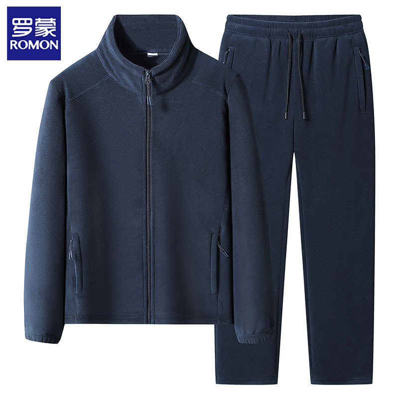 Romon Fleece Sweatshirt Men's Winter Fleece-Lined Thickened Sportswear for Middle-Aged and Elderly Dads New Men's Casual Suit