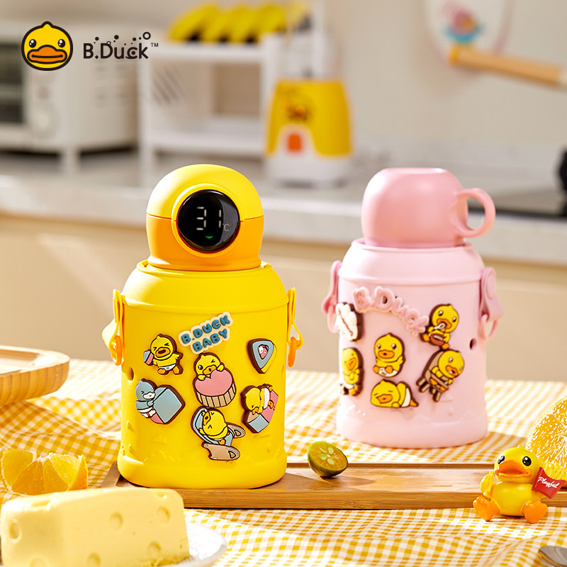 B. Duck Little Yellow Duck Children's Thermos Cup 316 Stainless Steel Temperature Display DIY Bag Kindergarten Straw Cup