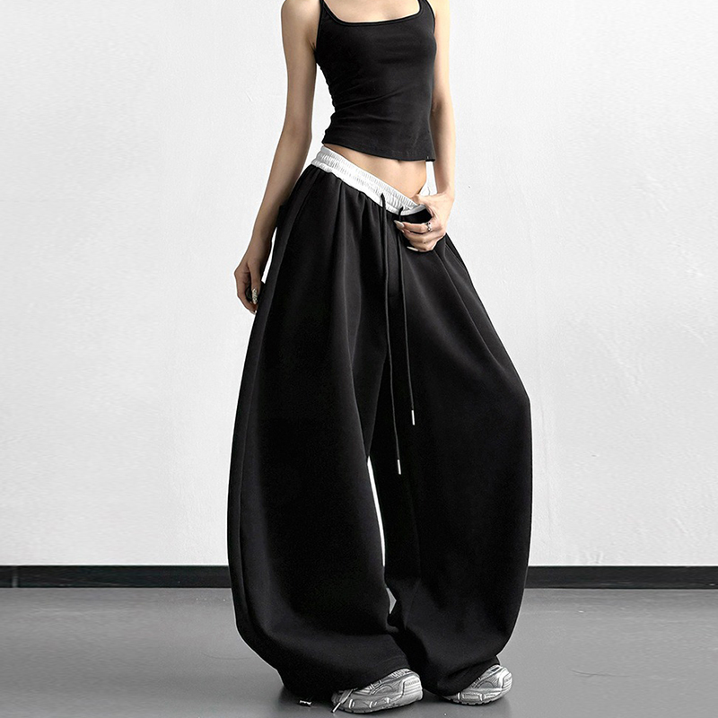 Black Wide-Leg Sweatpants for Women 2026 Spring/Summer New Loose Patchwork Drawstring Waist Sports Pants Trendy Street Casual Pants Black Wide-Leg Sweatpants for Women 2026 Spring/Summer New Loose Patchwork Drawstring Waist Sports Pants Trendy Street Casual Pants