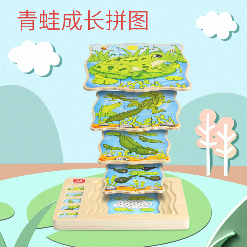 Wooden multi-layer frog growth puzzle irregular shaped ladder advanced flat drawing board baby children's educational toys