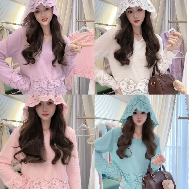 Korean Style Trendy Hooded Lace Inner Layer for Autumn and Winter, Light Luxury Fashion Knit Top, Loose Heavy-Duty Crochet Versatile Top