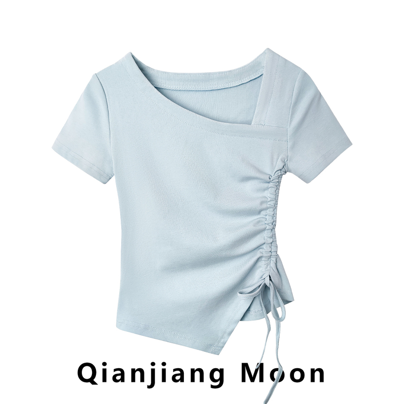 Korean Style Irregular Short-Sleeved T-Shirt for Women, Summer Drawstring Slim Fit, Trendy and Unique Design Top