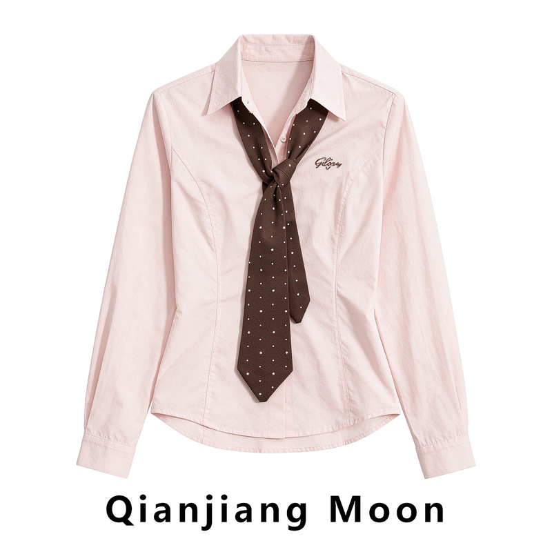 Sweet Pink Shirt with Tie for Women, New Autumn Style, College Style, Waist-Cinching, Embroidered Jk Inner Wear, Long-Sleeved Shirt Top