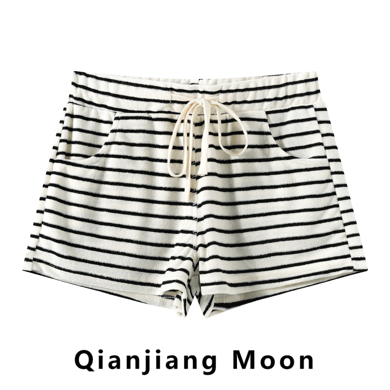 Korean Style Color-Block Striped High-Waisted Slimming Casual Shorts for Women, New Summer Drawstring Elastic Waist Butt-Lifting Hot Pants for Outdoor Wear