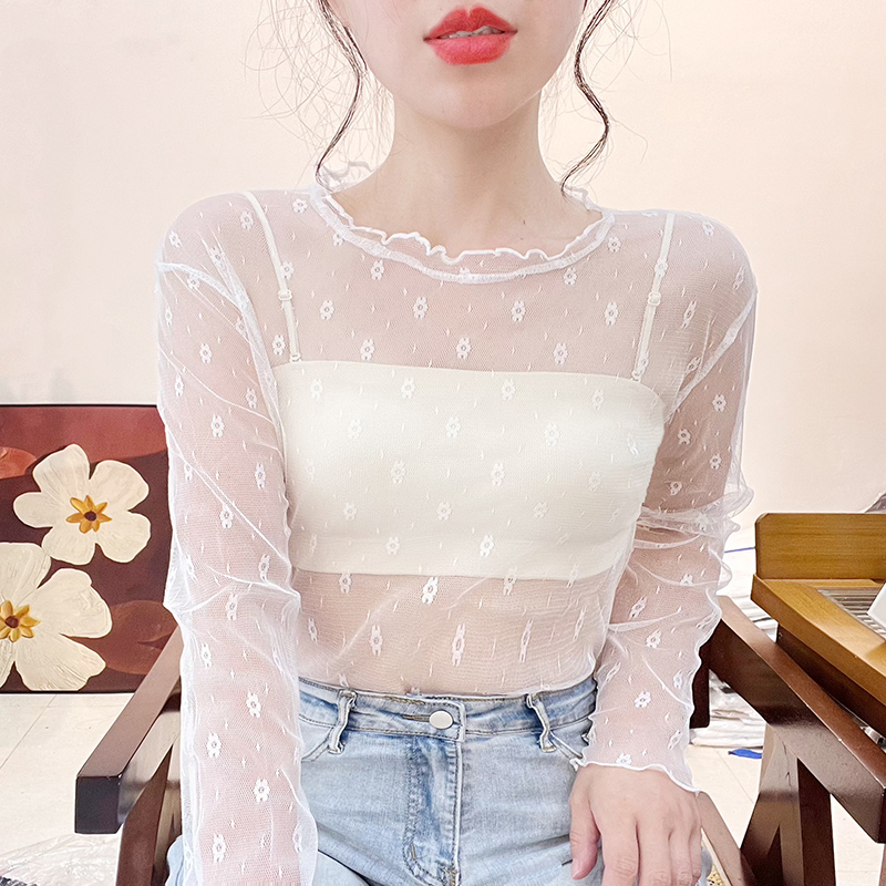 Lace Base Shirt for Women 2026 New Style Layered Inner Wear with Lace Mesh Hollow Transparent Long-Sleeve T-Shirt Beautiful Top