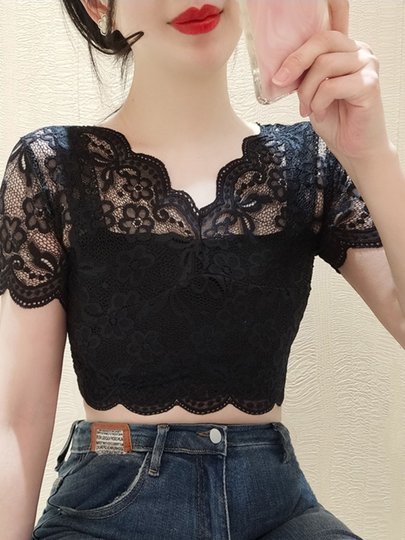 Camisole Dress with a V-Neck Short-Sleeve Lace Undershirt, Half-Sheer Mesh T-Shirt with a Fake Collar, Hollow-Out Gauze Top for Summer