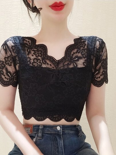 Camisole Dress with a V-Neck Short-Sleeve Lace Undershirt, Half-Sheer Mesh T-Shirt with a Fake Collar, Hollow-Out Gauze Top for Summer