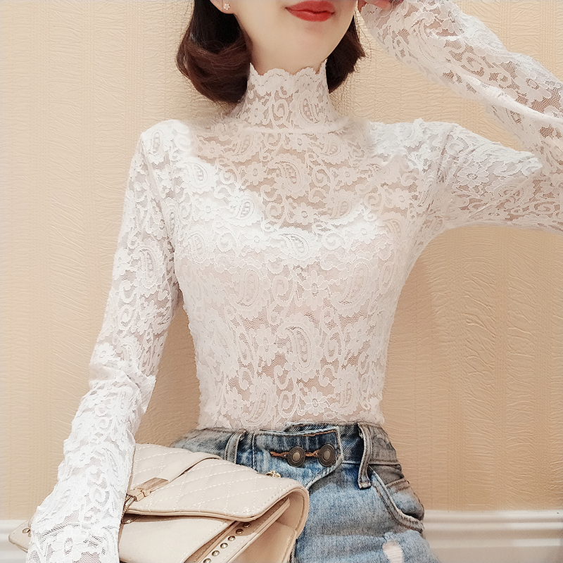 Lace Turtleneck Base Shirt for Women, Long-Sleeved, Versatile, Slim-Fitting, Slimming Top, Sexy, Fleece-Lined, Thickened Mesh Inner Layer Top