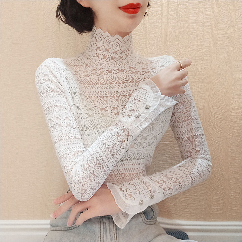 Lace Base Shirt for Women, Autumn and Winter, with Fleece Lining, High Collar, Mesh Hollow Design, New Stylish Slim-Fit Top