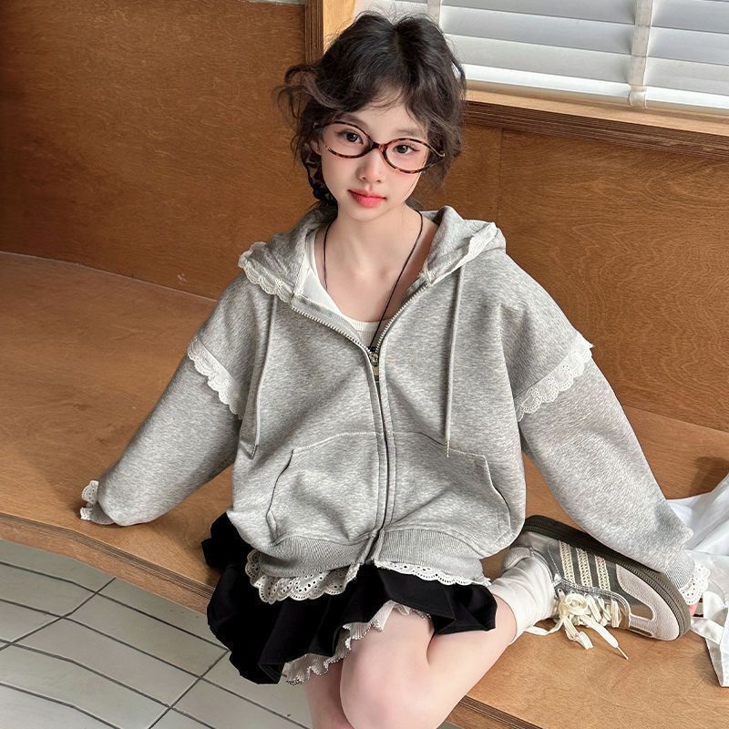 Girls' Fleece-Lined Hooded Jacket, New Stylish Cardigan Sweatshirt for Children, Trendy Korean-Style Top for Older Girls in Autumn and Winter Girls' Fleece-Lined Hooded Jacket, New Stylish Cardigan Sweatshirt for Children, Trendy Korean-Style Top for Older Girls in Autumn and Winter