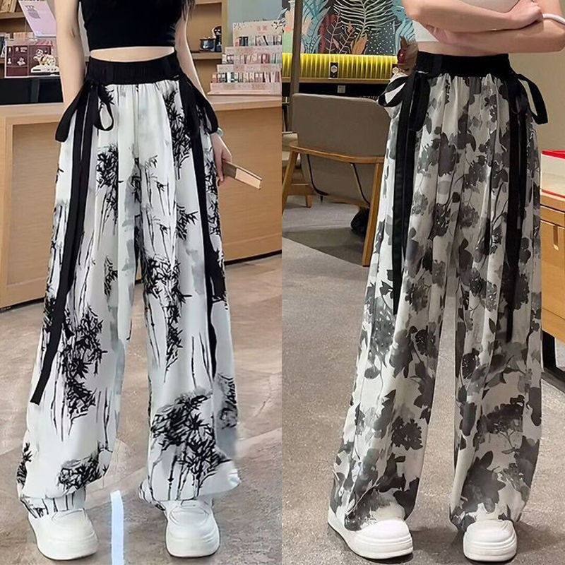 New Chinese Style Ink Ice Silk Wide-Leg Pants for Summer, Thin Casual Pants with Flowing Ribbons and Drape Effect for Girls and Older Children, Straight-Leg Floor-Length Pants