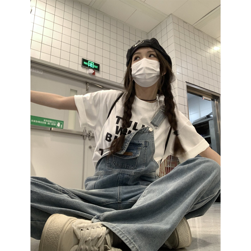 Women's Denim Overalls Summer American Retro Age-Reducing Slimming Loose Straight-Leg Salt-Style Workwear Wide-Leg Floor-Length Jumpsuit