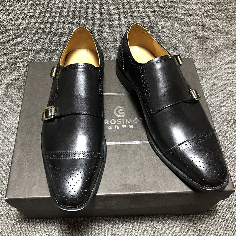 British triple-connected Block men shoes sculptures leather pointy black business dress shoes button shoes
