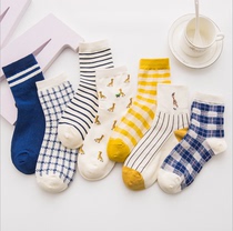 Cute little deer in cylinder Sox spring Summer Korea Japanese Striped Plaid students Sox Children ins Chaoty blue pure cotton