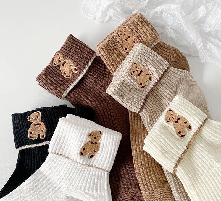 Embroidered bear socks female spring autumn summer thin in tide Korea cute Japanese long tube rolled cotton socks