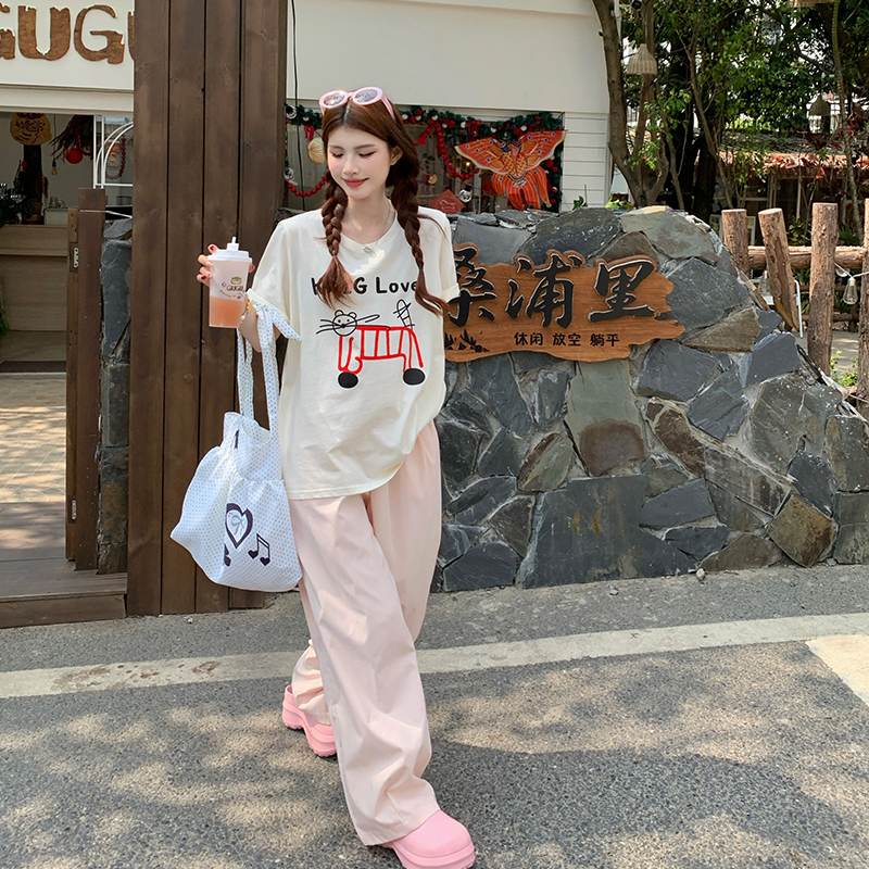 Shifeier Plus-Size Women's Clothing ~ Cute Printed Short-Sleeve T-Shirt Top + Elastic Waist Casual Pants Relaxed-Fit Set