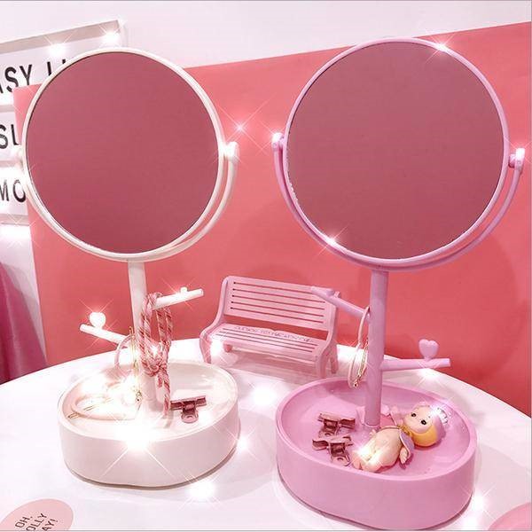 Japanese Harajuku style makeup mirror makeup mirror Round student desktop princess mirror Desktop jewelry storage makeup mirror