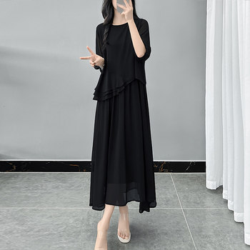 High-End Chiffon Dress, New Summer Style, Plus-Size Women's Clothing, Loose and Slimming, Stylish Fake Two-Piece Dress for Women