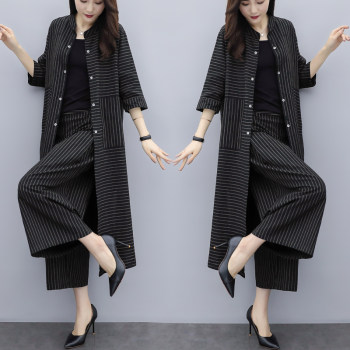 2025 Spring/Summer Women's New Plus Size Slimming Striped Cardigan Top and Wide-Leg Pants Fashionable Two-Piece Set