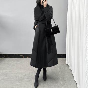 Black Designer Double-Sided Wool Spliced down Jacket for Women 2024 Winter New Long Over-The-Knee White Duck down Coat