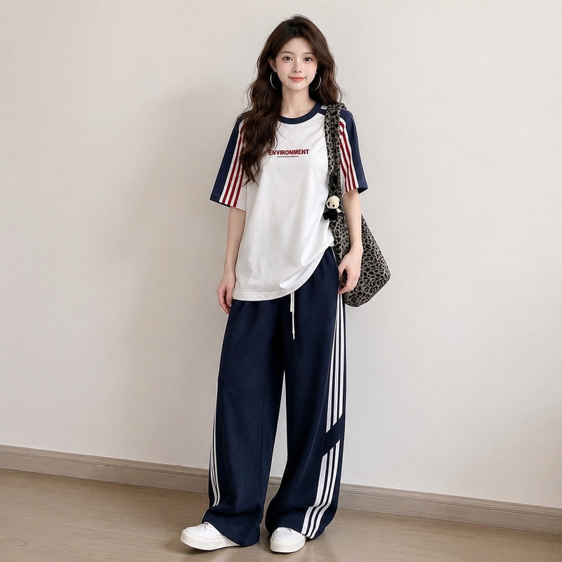 Student Fashion Casual Sportswear Suit for Women, Summer American Street Style Loose Short-Sleeve Long Pants Two-Piece Set for Running