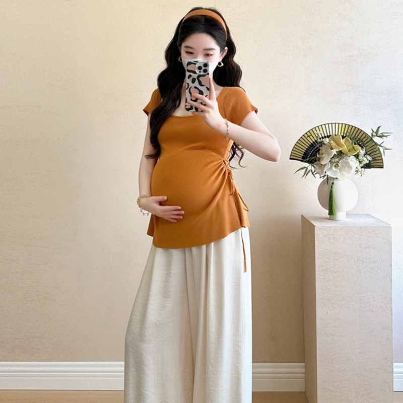 Maternity Summer Suit, High-End Outfit for Pregnant Women, Drawstring Short-Sleeved Women's Ice Silk Knitted Top, Wide-Leg Pants Two-Piece Set for Women Maternity Summer Suit, High-End Outfit for Pregnant Women, Drawstring Short-Sleeved Women's Ice Silk Knitted Top, Wide-Leg Pants Two-Piece Set for Women