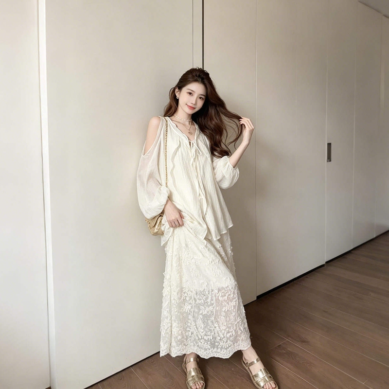 Maternity Summer Outfit 2026 New Style Loose-Fitting High-End Off-Shoulder Top Women's Lace Petal Skirt Two-Piece Set