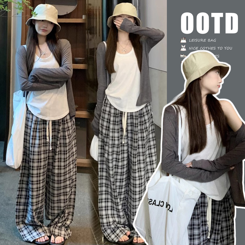 Maternity Wear Spring and Autumn Loose Cardigan Vest Drawstring Plaid Wide-Leg Pants Three-Piece Set Autumn Thin Casual Suit