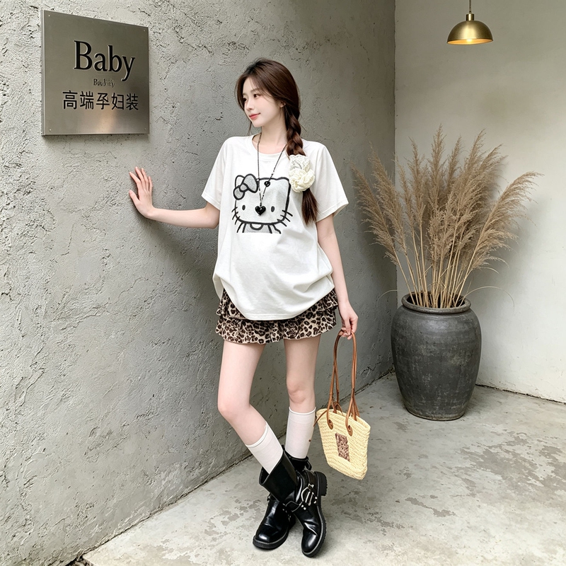 Maternity Summer Outfit, Fashionable Korean Style Loose Cat Short-Sleeve T-Shirt, Stylish Slimming Leopard Print Cake Skirt 2-Piece Set
