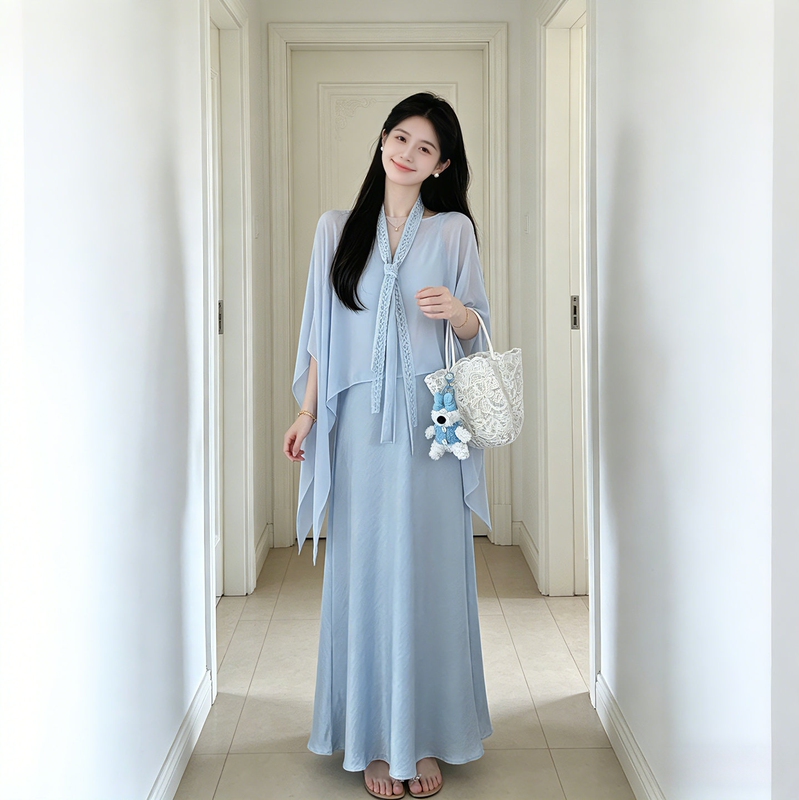 Maternity Dress Set Spring and Summer New Acetate Satin Suspender Dress Chiffon Sun Protection Cover-Up High-End Two-Piece Set