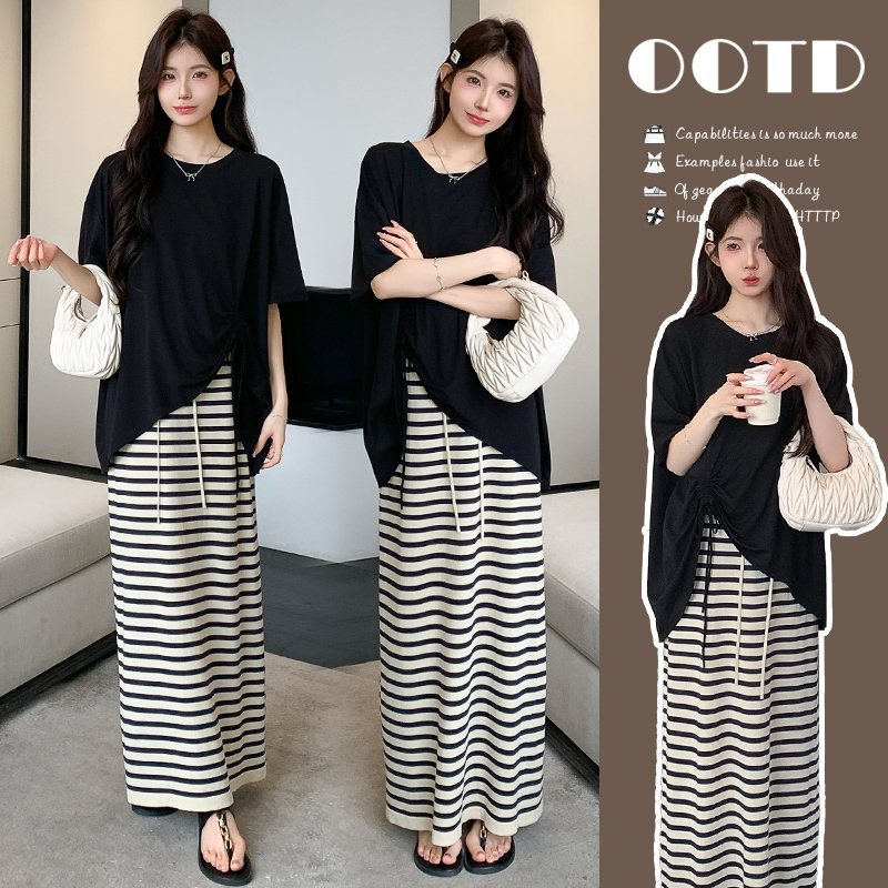 Maternity Suit for Summer, Irregular Loose-Fitting Belly-Covering Short-Sleeved Top, Striped Skirt, Stylish Two-Piece Set That Doesn'T Show Pregnancy