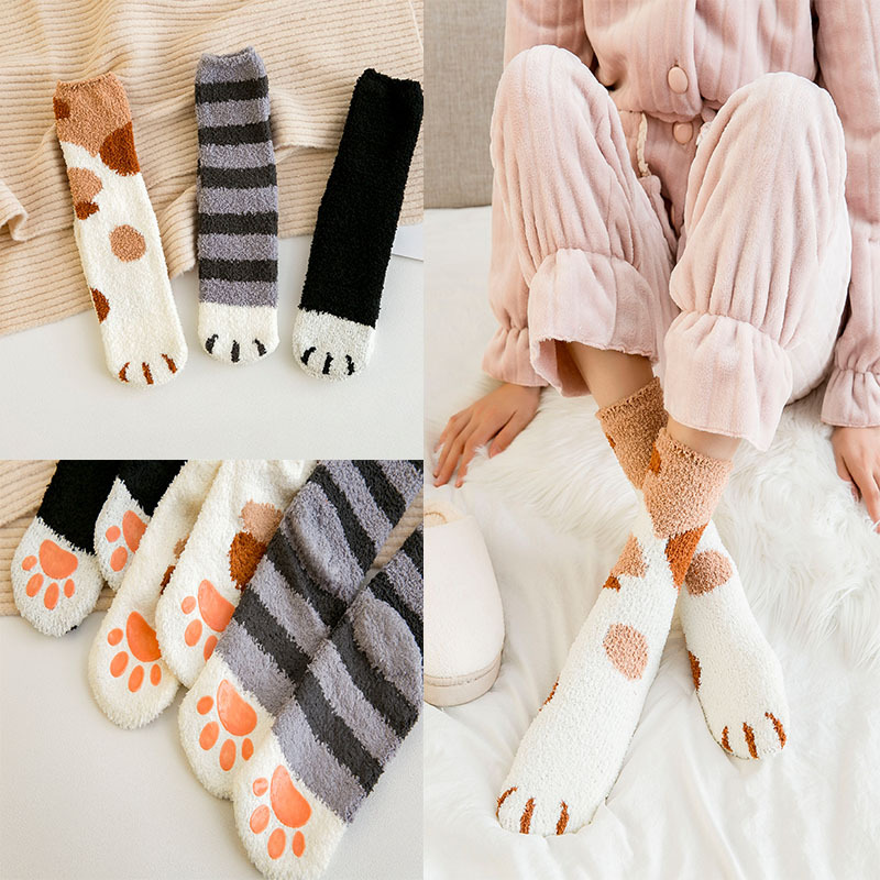 Adoption home cute plush coral velvet non-slip dispensing cat paws adult warm floor socks