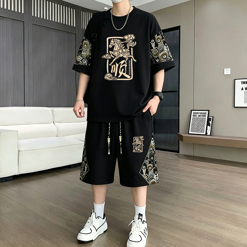 Trendy New Chinese-Style Waffle Casual Suit Short-Sleeve T-Shirt for Men, Summer Large Size Loose Fit with Sports Shorts