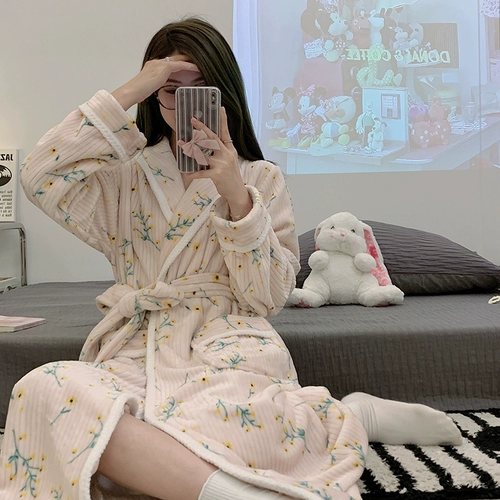 Зимний фланелевый бархатный японский банный халат, длинная коралловая бархатная пижама, увеличенная толщина, цветочный принт, средней длины