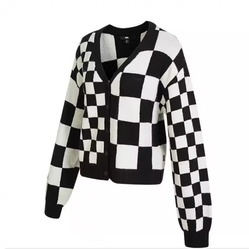 Vans Women's Sports Fashion Black and White Checkerboard Sweater Knitted Casual Jacket Vn00042Mblk