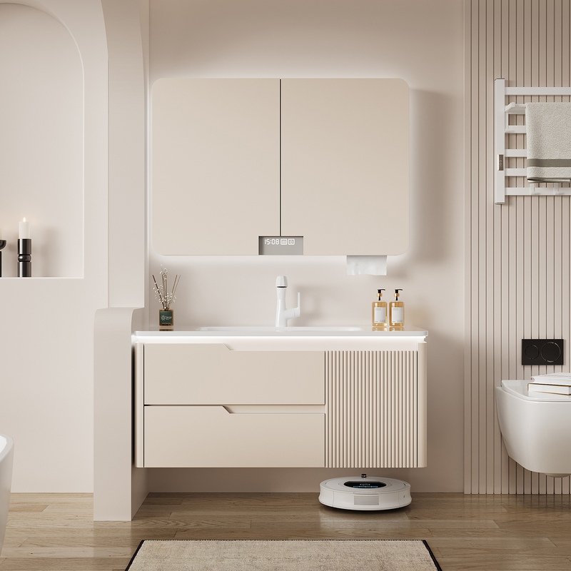 Solid Wood Rounded Corner Hidden Feng Shui Mirror Cabinet Smart Wall-Mounted Combination Bathroom Sink with Integrated Ceramic Basin