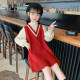 Girls sweater dress autumn and winter foreign girl knitted dress thickened puff sleeves children's bottoming red skirt tide