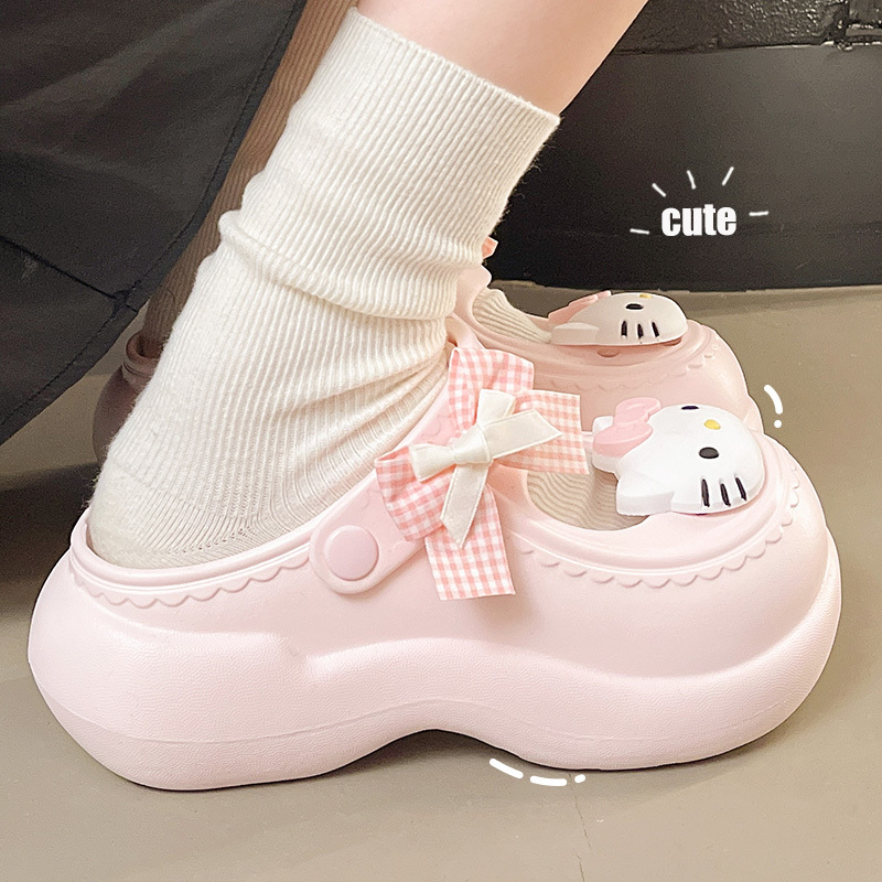 Hello Kitty Cute Cat-Shaped Clogs for Women, Summer Outdoor Thick-Soled Mary Jane Slippers, Girly Style