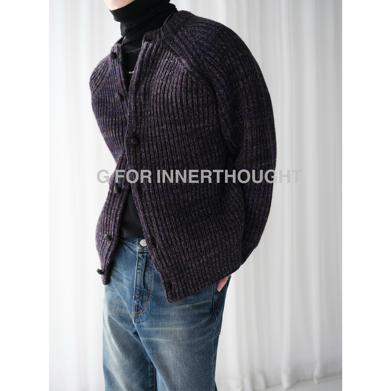 G for Innerthought Heavy-Weight Custom-Woven Merino Wool Jacquard Vintage Leather Buckle Cardigan Knit Sweater