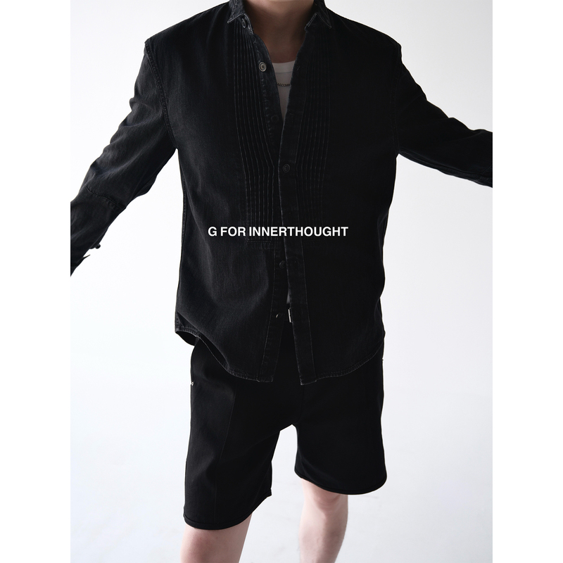 G for Innerthought | Gangshan Imported Vintage Washed Slightly Faded Accordion Placket Black Denim Shirt