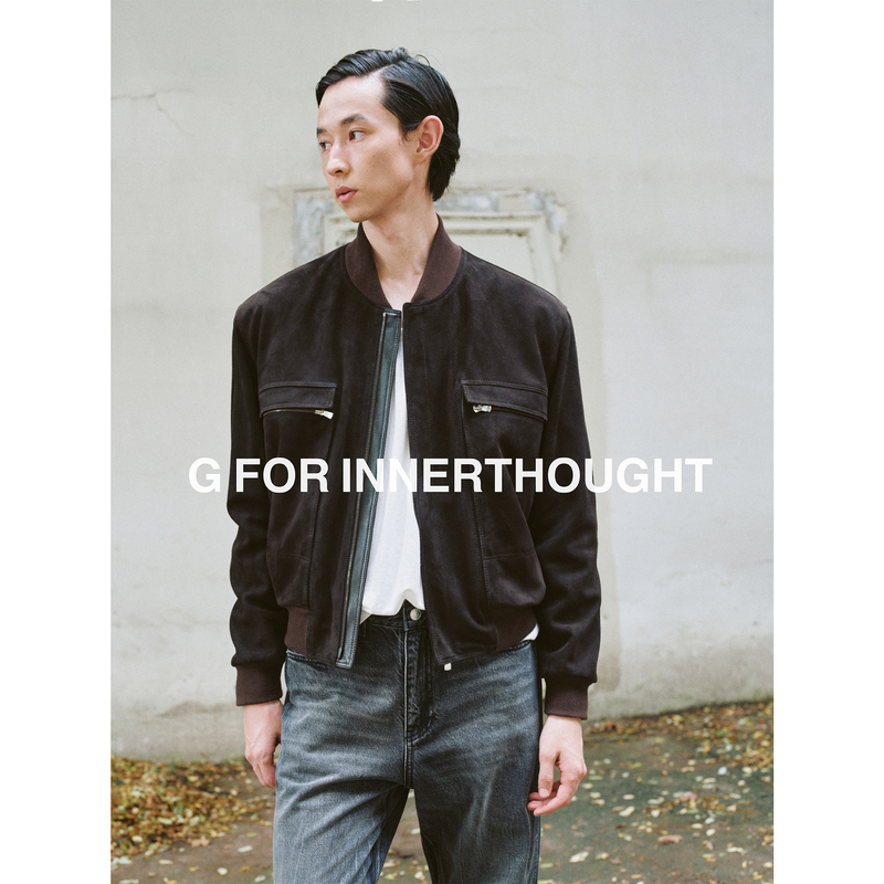 G for Innerthought Turkish Imported Matte Sheep Suede Lightweight Baseball Collar Waist-Cinching Leather Jacket