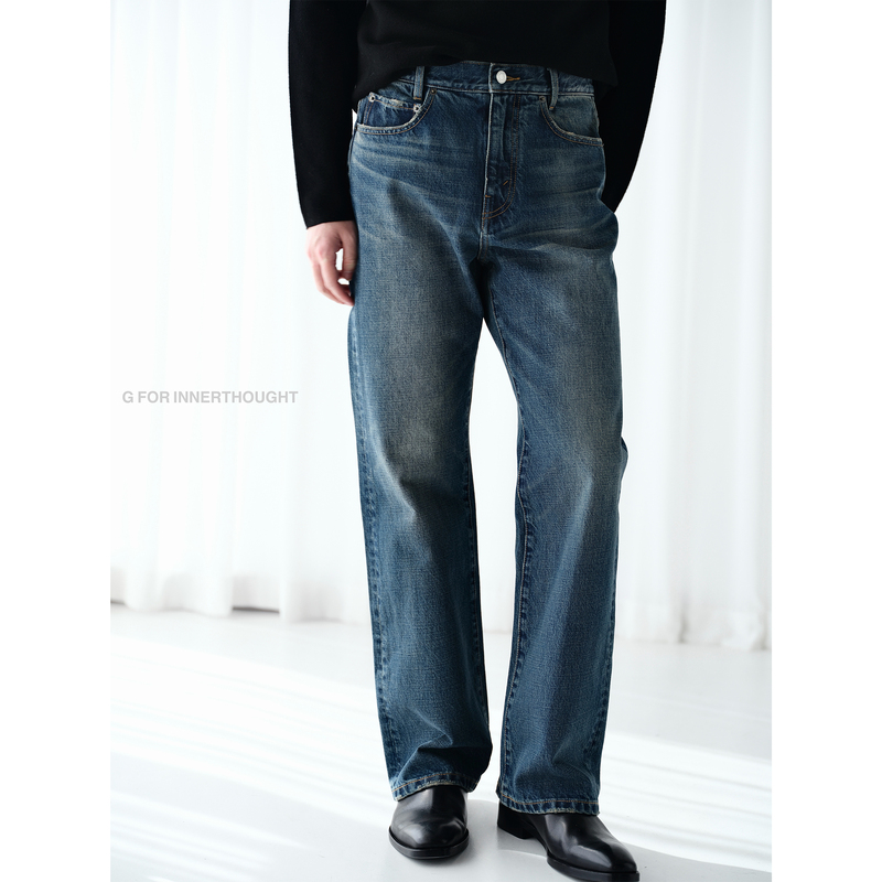 G for Innerthought Japan Ganshan C*Line Same Style Commuter Fit Indigo Straight-Leg Jeans for Men