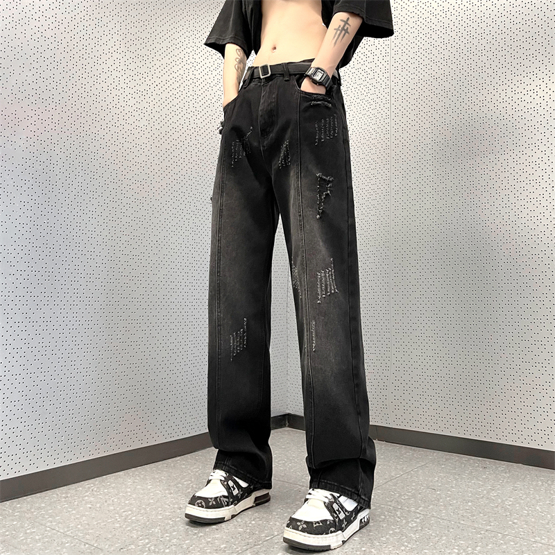 Black Distressed Jeans for Men, Summer Trendy Brand, Loose Fit, Versatile Straight-Leg Pants, Vibe High Street Ripped Wide-Leg Pants