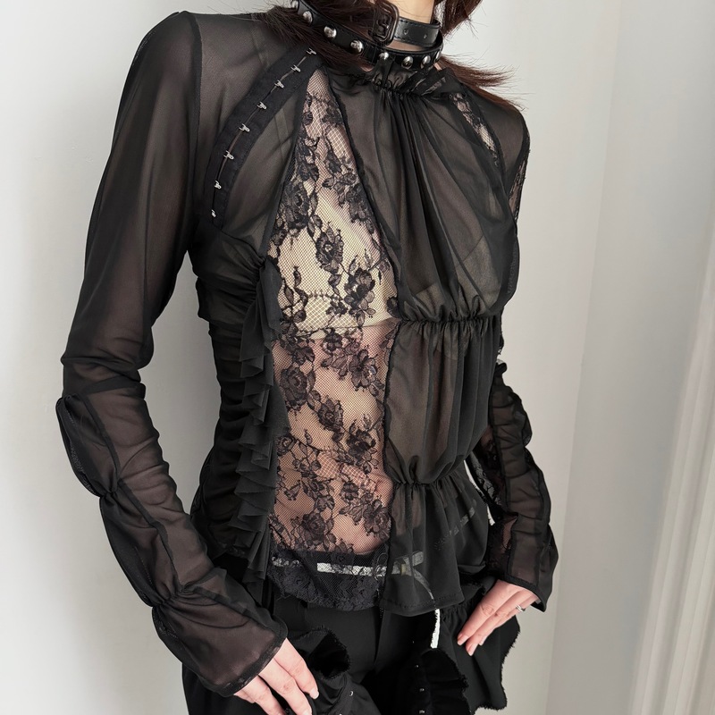 Popoop/Black Hook-And-Eye Mesh Lace Patchwork Ruched Heavy-Duty Stretchy Top for Layering