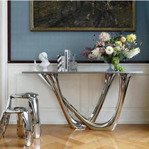 Designer special-shaped wall porch table light luxury simple modern glass steel strip case aisle entrance corridor porch table