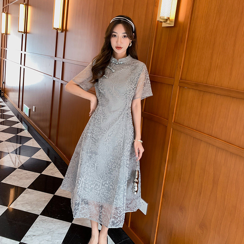Five Seasons Home Big Size Women's Dress Fat Sister Mm Improved Qipao Dress 2022 Summer new Belly Button Slim Fit