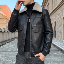 2020 winter new mens leather velvet thickened Korean version slim trend PU leather jacket lamb wool collar jacket