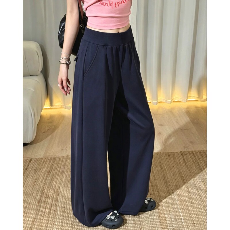 Navy Blue Wide-Leg Pants for Women, New Spring and Autumn Style, High-Waisted, Loose Fit, Slimming, Drapey, Casual, Suitable for Outdoor Wear, Running, and Lounging Navy Blue Wide-Leg Pants for Women, New Spring and Autumn Style, High-Waisted, Loose Fit, Slimming, Drapey, Casual, Suitable for Outdoor Wear, Running, and Lounging