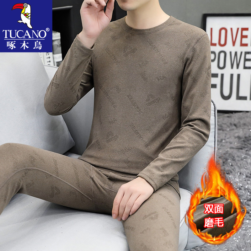 Woodpecker Round-Neck Thermal Set for Men, Double-Sided Thin Velvet with 3D Embossed Design, Autumn and Winter Thermal Underwear Set