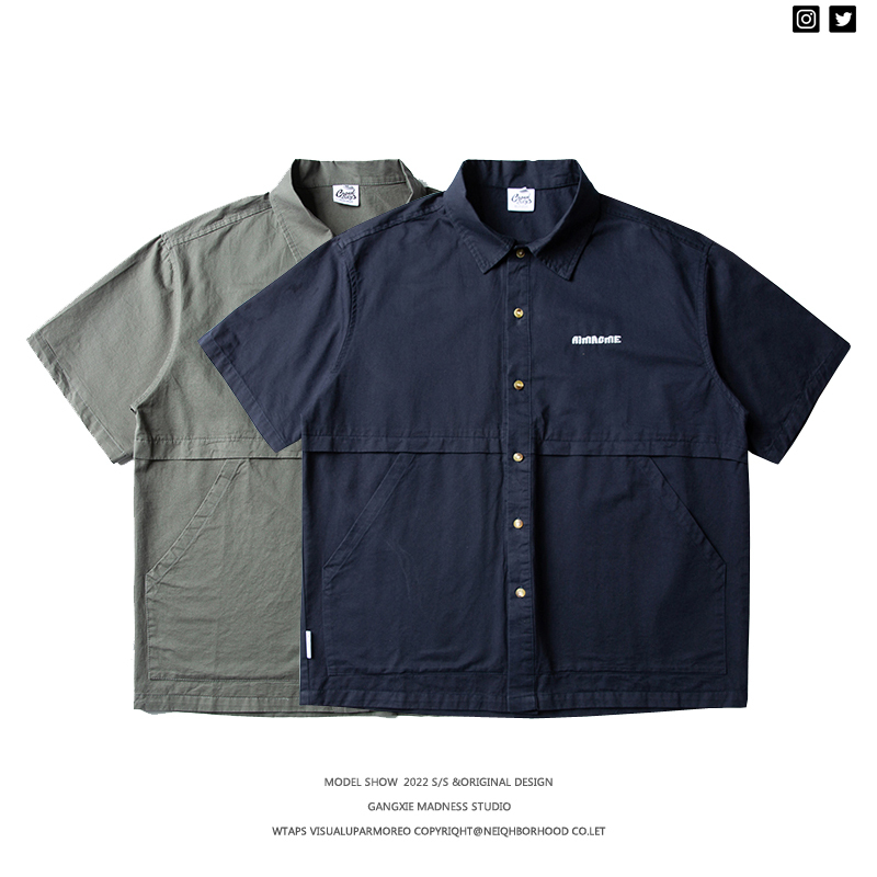Japanese-Style Washed Pure Cotton Kangaroo Pocket Lapel Short-Sleeve Shirt for Men, Summer Loose Versatile Work Shirt Jacket for Men